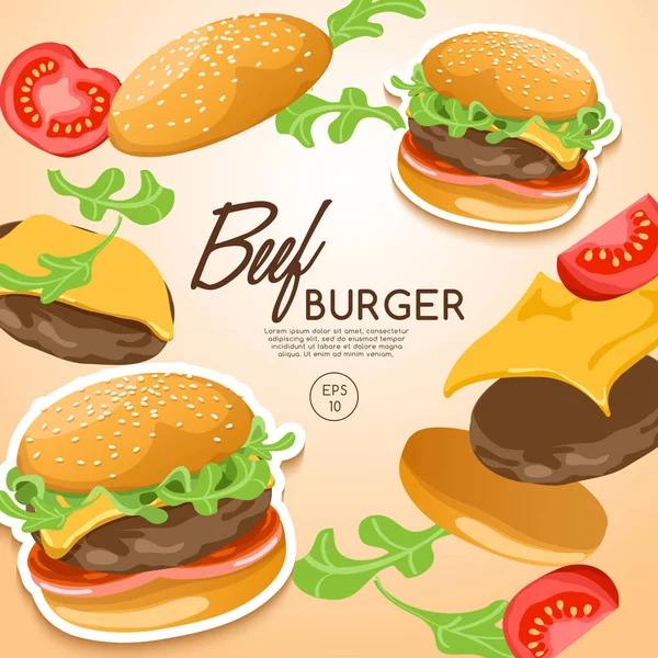 Disegno Illustrazione Vettoriale Gustoso Hamburger Manzo Set Logo — Vettoriale Stock