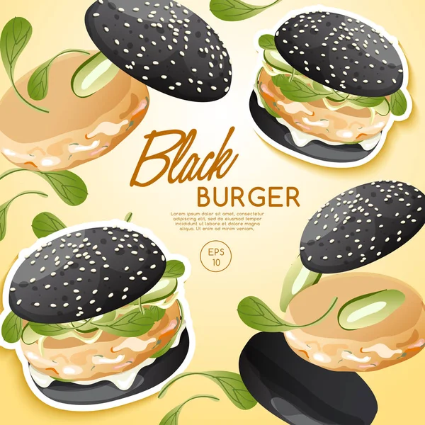Vektor Illustration Design Von Leckeren Schwarzen Burger Set — Stockvektor