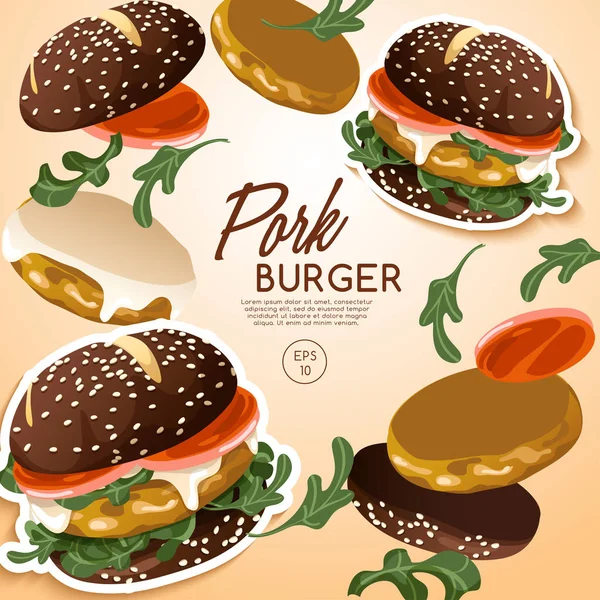 Vektor Illustration Design Von Leckeren Schweinefleisch Burger Set Logo — Stockvektor