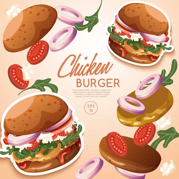 Disegno Illustrazione Vettoriale Gustoso Hamburger Pollo Set Logo — Vettoriale Stock