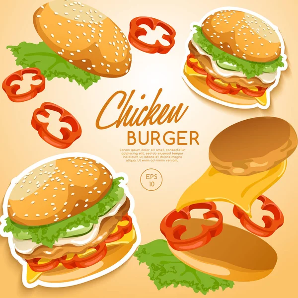 Vector Illustration Design Tasty Chicken Burger Set Logo — Stock Vector