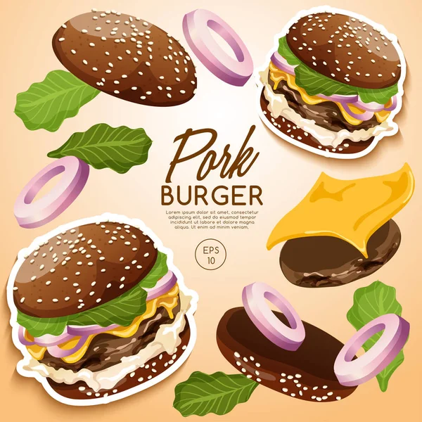 Disegno Illustrazione Vettoriale Gustoso Hamburger Maiale Set Logo — Vettoriale Stock