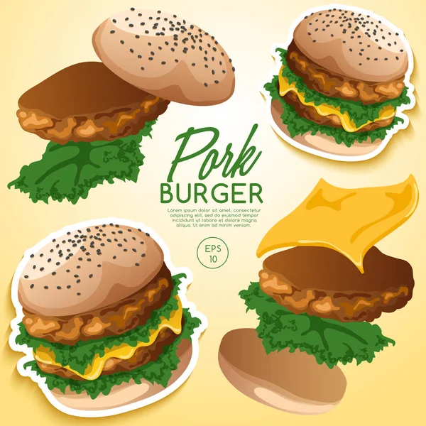 Disegno Illustrazione Vettoriale Gustoso Hamburger Maiale Set Logo — Vettoriale Stock