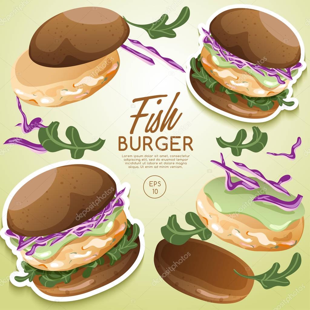Vector illustration design of tasty fish burger set logo