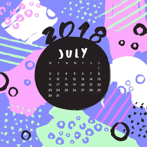 Kalendervorlage 2018 Mit Buntem Julimuster Vektorillustration — Stockvektor
