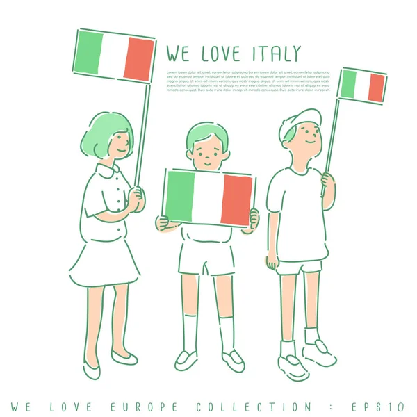 Хлопчики Дівчинка Тримає Національні Прапори Італії Векторні Ілюстрації — стоковий вектор
