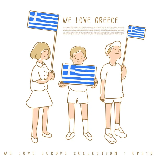 Ragazzi Ragazze Con Bandiere Nazionali Della Grecia Illustrazione Vettoriale — Vettoriale Stock