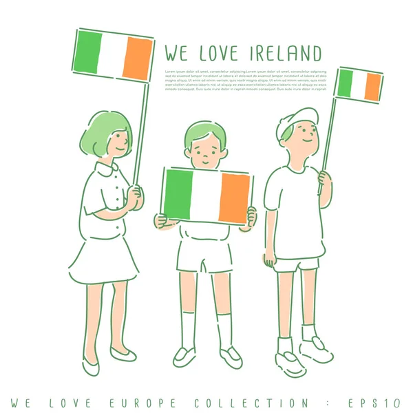 Meninos Meninas Segurando Bandeiras Nacionais Irlanda Ilustração Vetorial — Vetor de Stock