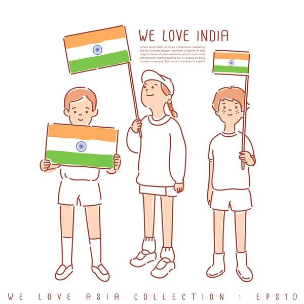 Meninos Meninas Segurando Bandeiras Nacionais Índia Ilustração Vetorial —  Vetores de Stock