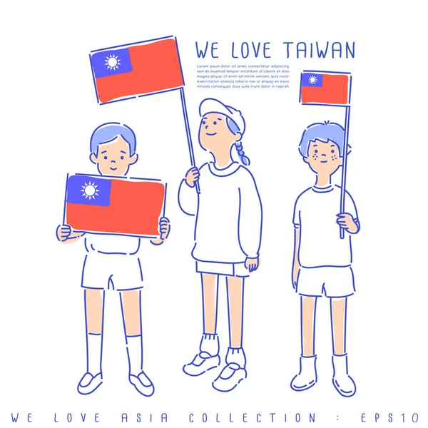 Meninos Menina Segurando Bandeiras Nacionais Taiwan Ilustração Vetorial — Vetor de Stock