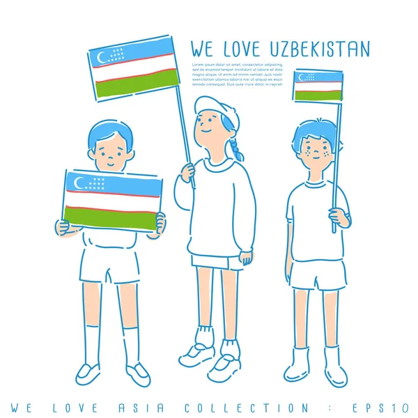 Meninos Meninas Segurando Bandeiras Nacionais Uzbequistão Ilustração Vetorial — Vetor de Stock