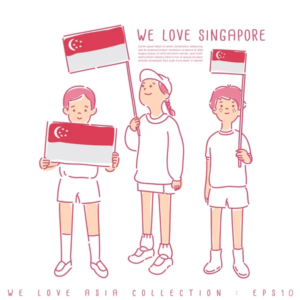 Niños Niñas Con Banderas Nacionales Singapur Ilustración Vectorial — Archivo Imágenes Vectoriales