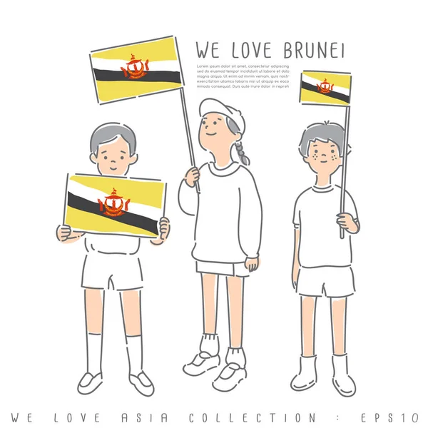 Meninos Menina Segurando Bandeiras Nacionais Brunei Ilustração Vetorial — Vetor de Stock