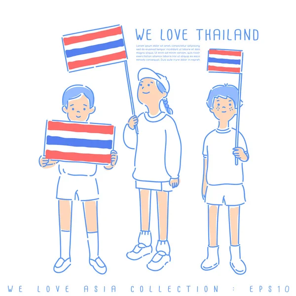Ragazzi Ragazze Con Bandiere Nazionali Della Thailandia Illustrazione Vettoriale — Vettoriale Stock