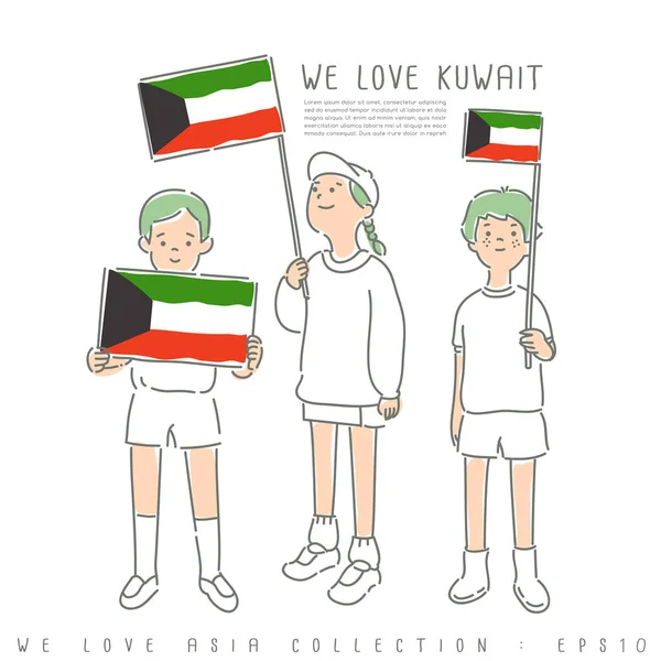 Meninos Meninas Segurando Bandeiras Nacionais Kuwait Ilustração Vetorial — Vetor de Stock