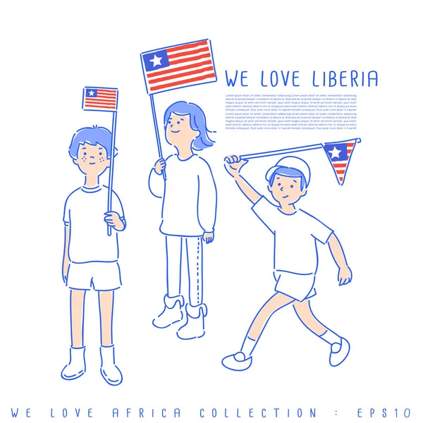 Bambini Con Bandiere Che Amiamo Liberia Nei Colori Bianco Blu — Vettoriale Stock