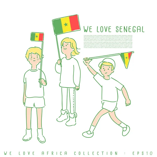 Bambini Con Bandiere Che Amiamo Senegal Rosso Giallo Verde Isolati — Vettoriale Stock