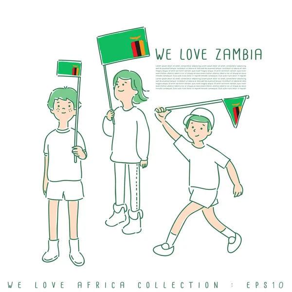 Bambini Che Reggono Bandiere Amiamo Zambia Nei Colori Verde Rosso — Vettoriale Stock