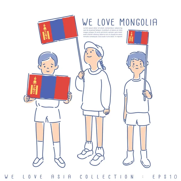 Bambini Che Reggono Bandiere Amiamo Mongolia Rosso Blu Giallo Colori — Vettoriale Stock