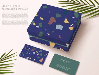 Ambalaj şablonundaki Terrazzo desen: hediye kutusu ve kartvizit: vektör çizim