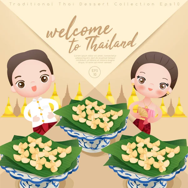 Garçon Fille Portant Une Robe Thaïlandaise Avec Dessert Thaïlandais Traditionnel — Image vectorielle