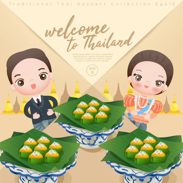 Jongen Meisje Dragen Thaise Jurk Met Traditionele Thaise Dessert — Stockvector