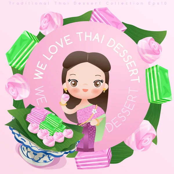 Pretty Girl Vestido Tailandés Con Postre Tradicional Tailandés — Archivo Imágenes Vectoriales