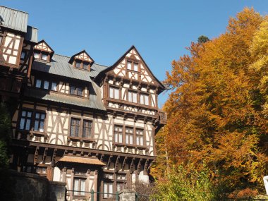 Peles Kalesi, Sinaia, Romanya - 18 Ekim 2019: Ünlü Peles Şatosu, Romanya 'nın Transilvanya kentinde turistik durak