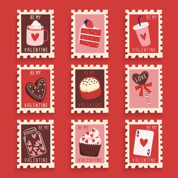 Valentine Day Elements Postage Stamps Collection Vector Illustration — Stock Vector