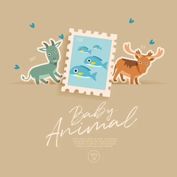 Postzegel Geïsoleerd Bruine Papieren Achtergrond Met Schattige Baby Dieren Vector — Stockvector