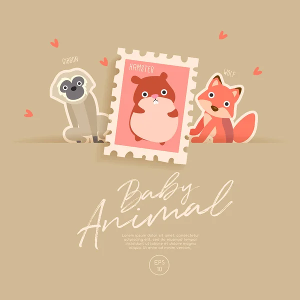 Sello Postal Aislado Sobre Papel Marrón Con Lindos Animales Bebés — Vector de stock