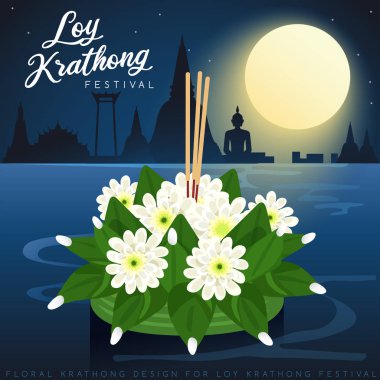 Loy Krathong, dolunay, pagoda ve tapınak arka plan ile Tay Geleneksel Festivali : Vektör İllüstrasyon