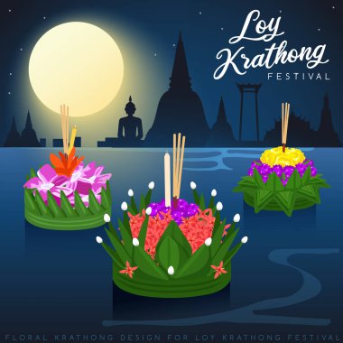 Loy Krathong, dolunay, pagoda ve tapınak arka plan ile Tay Geleneksel Festivali : Vektör İllüstrasyon