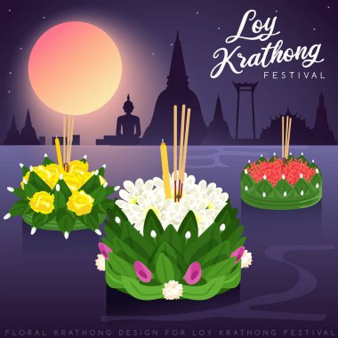Loy Krathong, dolunay, pagoda ve tapınak arka plan ile Tay Geleneksel Festivali : Vektör İllüstrasyon