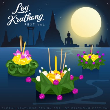 Loy Krathong, dolunay, pagoda ve tapınak arka plan ile Tay Geleneksel Festivali : Vektör İllüstrasyon