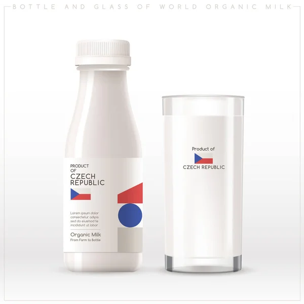 白を基調としたラベルに幾何学模様が描かれた世界のオーガニックミルクのボトルとガラス ベクトルイラスト — ストックベクタ