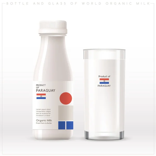 白を基調としたラベルに幾何学模様が描かれた世界のオーガニックミルクのボトルとガラス ベクトルイラスト — ストックベクタ