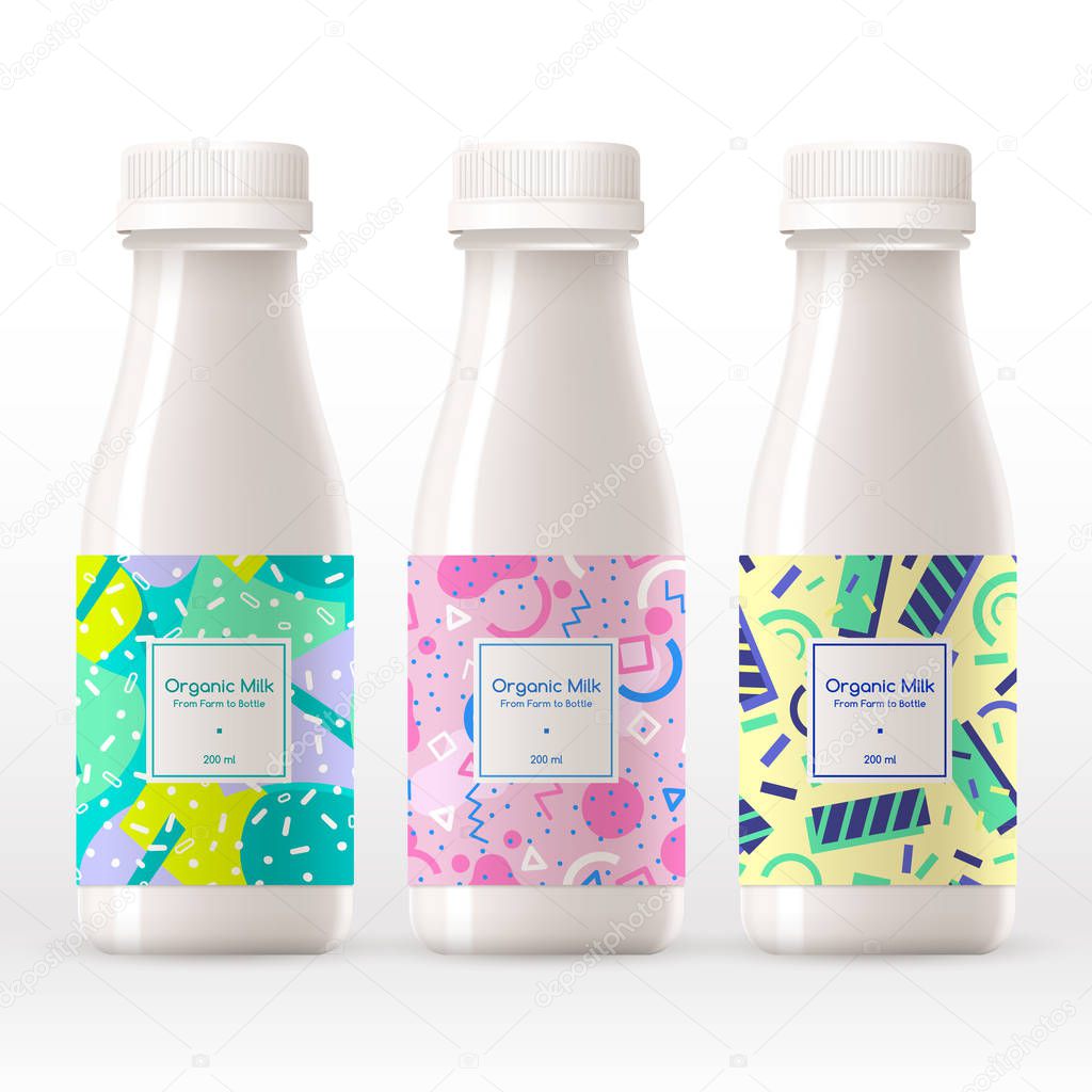 Organic milk bottle with abstract pattern on the label isolated on white background : Vector Illustration