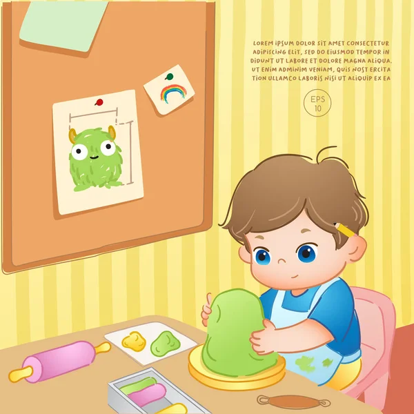Vector Illustration Cute Boy Creating Monster Figure Clay — 스톡 벡터