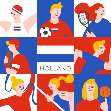 Set of national team players with national flag in flat style : Vector Illustration