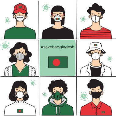 Set of men and women wearing medical mask preventing air pollution and virus with national flag : Vector Illustration