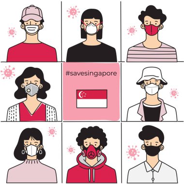 Set of men and women wearing medical mask preventing air pollution and virus with national flag : Vector Illustration