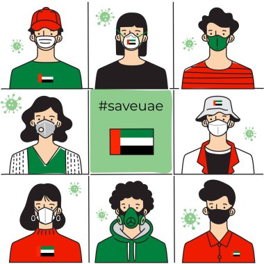 Set of men and women wearing medical mask preventing air pollution and virus with national flag : Vector Illustration