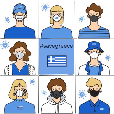 Set of men and women wearing medical mask preventing air pollution and virus with national flag : Vector Illustration