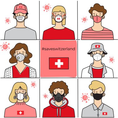 Set of men and women wearing medical mask preventing air pollution and virus with national flag : Vector Illustration