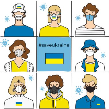 Set of men and women wearing medical mask preventing air pollution and virus with national flag : Vector Illustration