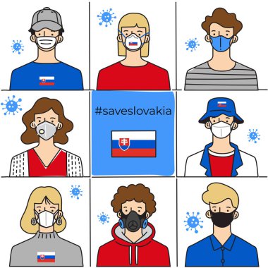Set of men and women wearing medical mask preventing air pollution and virus with national flag : Vector Illustration