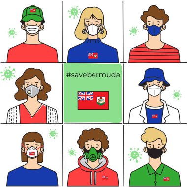 Set of men and women wearing medical mask preventing air pollution and virus with national flag : Vector Illustration
