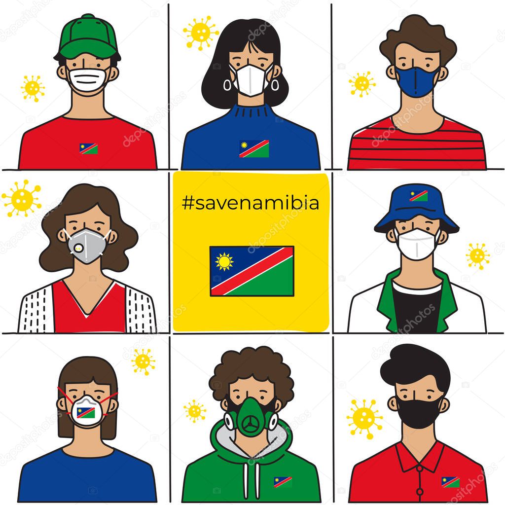 Set of men and women wearing medical mask preventing air pollution and virus with national flag : Vector Illustration