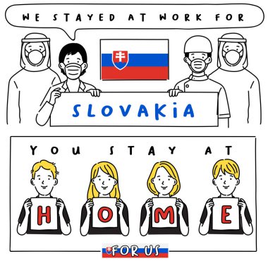 Ulusal bayrak taşıyan hastane çalışanlarından Covid-19 alıntıları: Ben sizin için çalıştım, siz bizim için evde kaldınız. : Vektör İllüstrasyonu